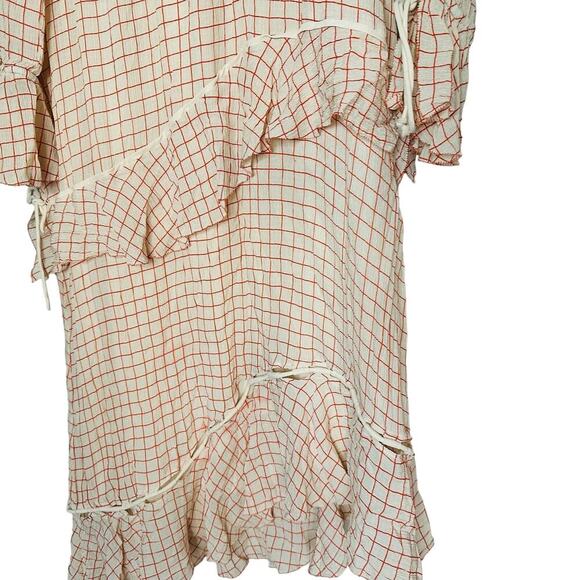 DEREK LAM 10 Crosby Cream Red Tiered Windowpane Asymmetrical Ruffle Dress Size 8 - Picture 5 of 14